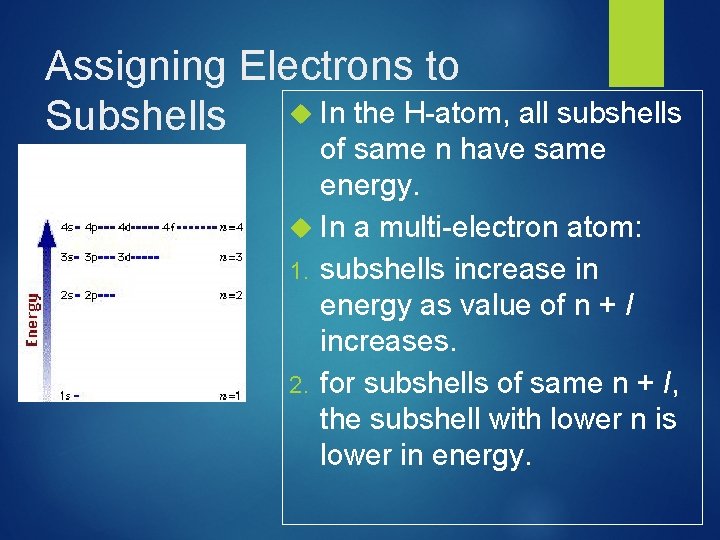 Assigning Electrons to Subshells In the H-atom, all subshells of same n have same