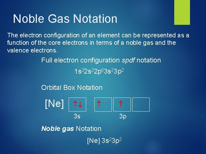 Noble Gas Notation The electron configuration of an element can be represented as a