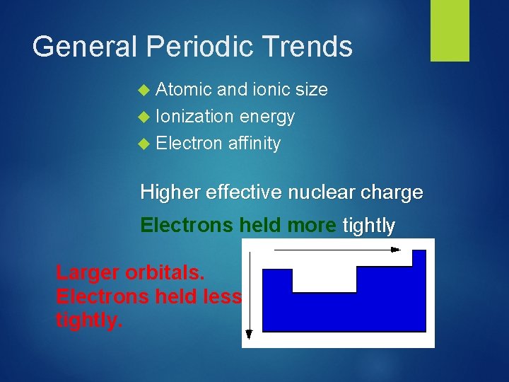 General Periodic Trends Atomic and ionic size Ionization energy Electron affinity Higher effective nuclear