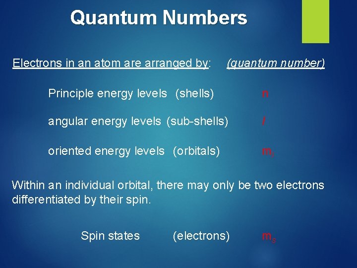 Quantum Numbers Electrons in an atom are arranged by: (quantum number) Principle energy levels