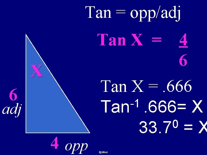 Tan = opp/adj Tan X = X 6 adj 4 opp 4 6 Tan