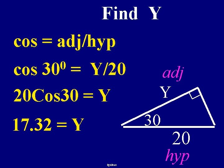 Find Y cos = adj/hyp 0 30 cos = Y/20 20 Cos 30 =