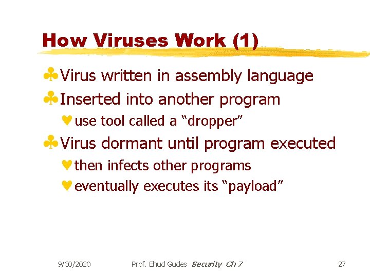 How Viruses Work (1) §Virus written in assembly language §Inserted into another program ©use