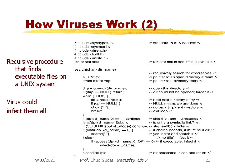 How Viruses Work (2) Recursive procedure that finds executable files on a UNIX system