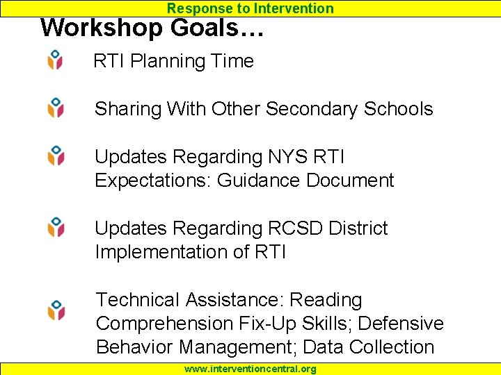 Response to Intervention Workshop Goals… RTI Planning Time Sharing With Other Secondary Schools Updates Response to Intervention Workshop Goals… RTI Planning Time Sharing With Other Secondary Schools Updates