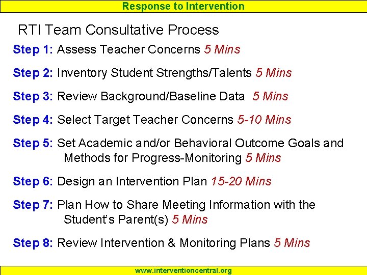 Response to Intervention RTI Team Consultative Process Step 1: Assess Teacher Concerns 5 Mins Response to Intervention RTI Team Consultative Process Step 1: Assess Teacher Concerns 5 Mins