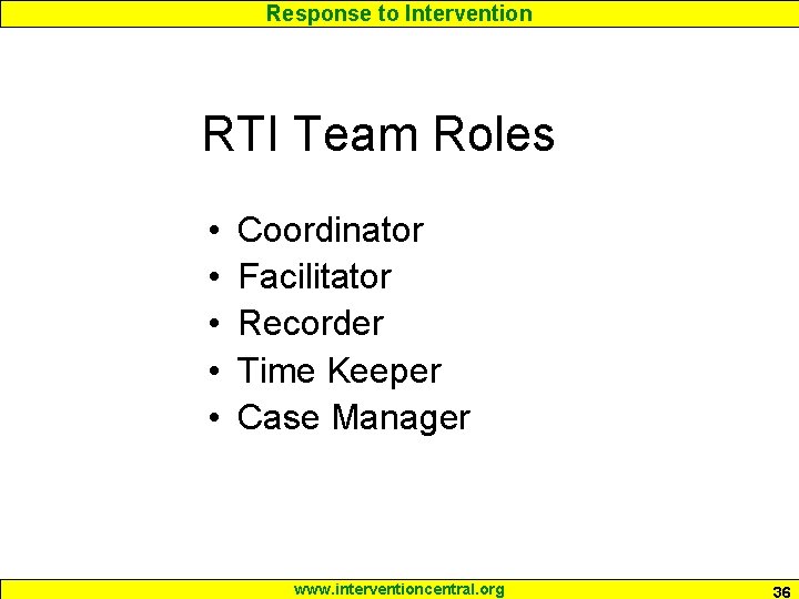Response to Intervention RTI Team Roles • • • Coordinator Facilitator Recorder Time Keeper Response to Intervention RTI Team Roles • • • Coordinator Facilitator Recorder Time Keeper