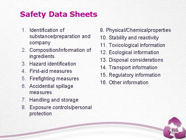 Safety Data Sheets 1. Identification of substance/preparation and company 2. Composition/information of ingredients 3.
