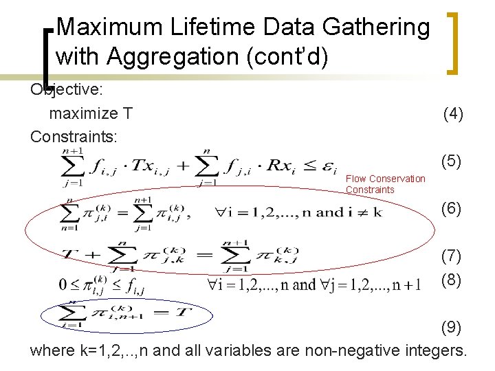 Maximum Lifetime Data Gathering with Aggregation (cont’d) Objective: maximize T Constraints: (4) (5) Flow