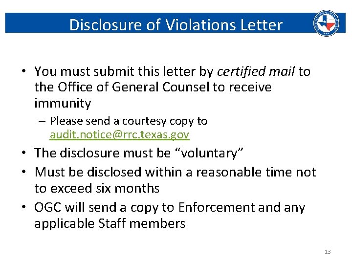 Disclosure of Violations Letter • You must submit this letter by certified mail to