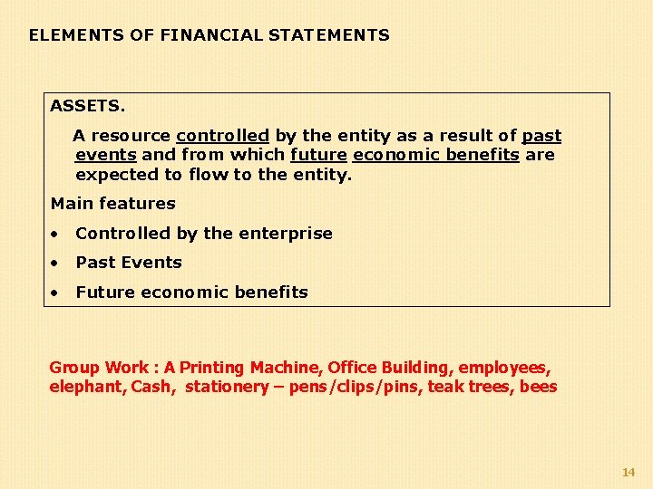 ELEMENTS OF FINANCIAL STATEMENTS ASSETS. A resource controlled by the entity as a result ELEMENTS OF FINANCIAL STATEMENTS ASSETS. A resource controlled by the entity as a result