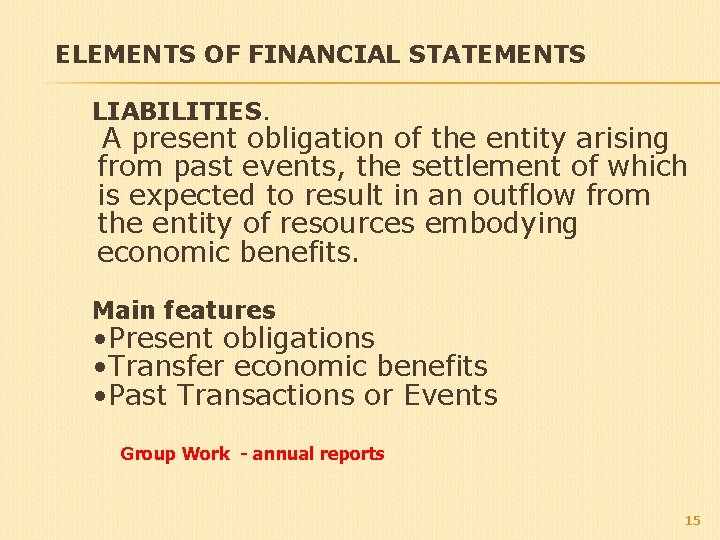 ELEMENTS OF FINANCIAL STATEMENTS LIABILITIES. A present obligation of the entity arising from past