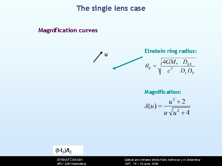 The single lens case Magnification curves u Einstein ring radius: Magnification: (t-t 0)/t. E