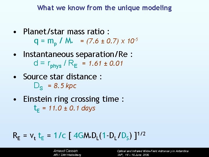 What we know from the unique modeling • Planet/star mass ratio : q =
