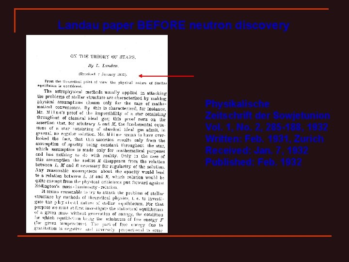 Landau paper BEFORE neutron discovery Physikalische Zeitschrift der Sowjetunion Vol. 1, No. 2, 285