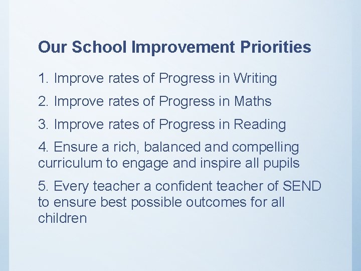 Our School Improvement Priorities 1. Improve rates of Progress in Writing 2. Improve rates Our School Improvement Priorities 1. Improve rates of Progress in Writing 2. Improve rates
