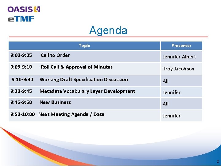 Agenda Topic Presenter 9: 00 -9: 05 Call to Order Jennifer Alpert 9: 05 Agenda Topic Presenter 9: 00 -9: 05 Call to Order Jennifer Alpert 9: 05