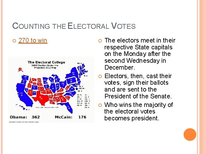 COUNTING THE ELECTORAL VOTES 270 to win The electors meet in their respective State COUNTING THE ELECTORAL VOTES 270 to win The electors meet in their respective State