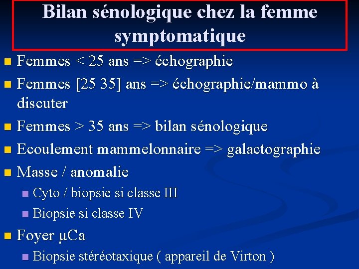 Bilan sénologique chez la femme symptomatique Femmes < 25 ans => échographie n Femmes