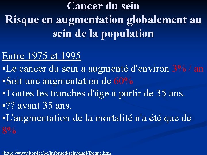Cancer du sein Risque en augmentation globalement au sein de la population Entre 1975