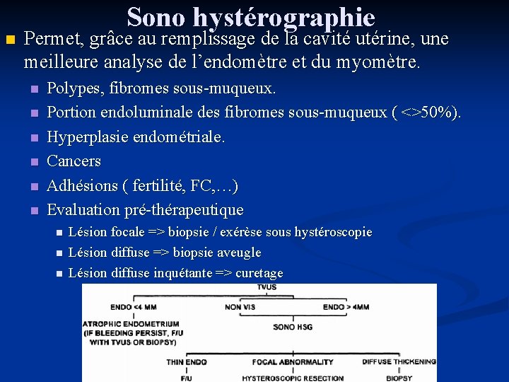 n Sono hystérographie Permet, grâce au remplissage de la cavité utérine, une meilleure analyse