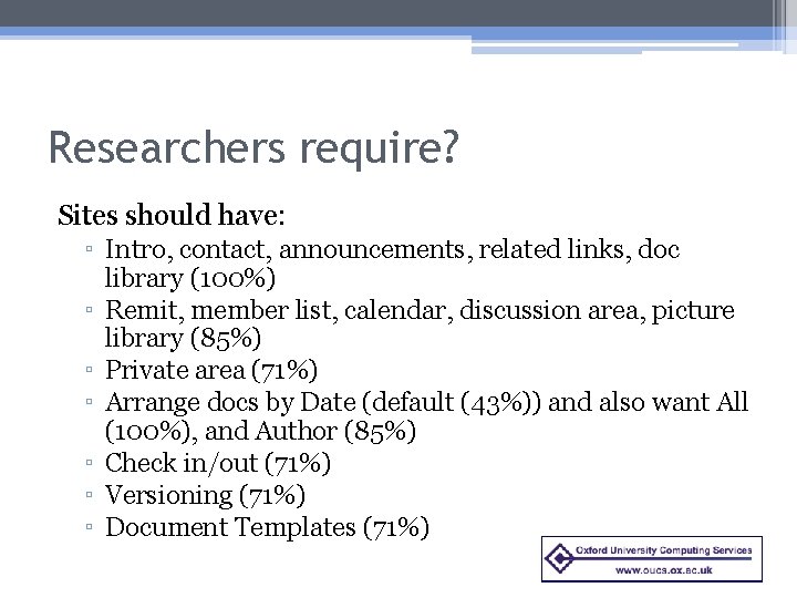 Researchers require? Sites should have: ▫ Intro, contact, announcements, related links, doc library (100%)