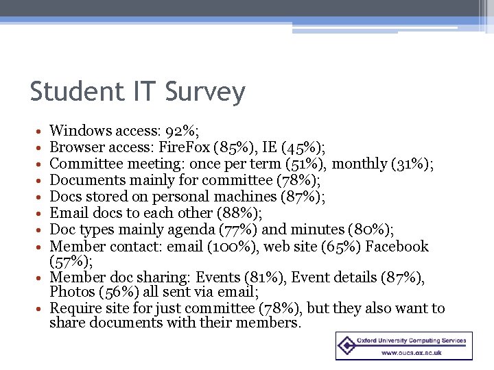 Student IT Survey • • Windows access: 92%; Browser access: Fire. Fox (85%), IE