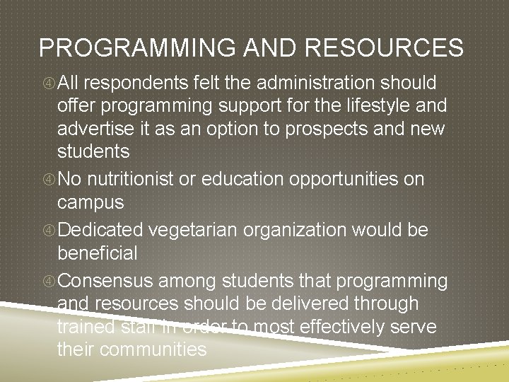 PROGRAMMING AND RESOURCES All respondents felt the administration should offer programming support for the