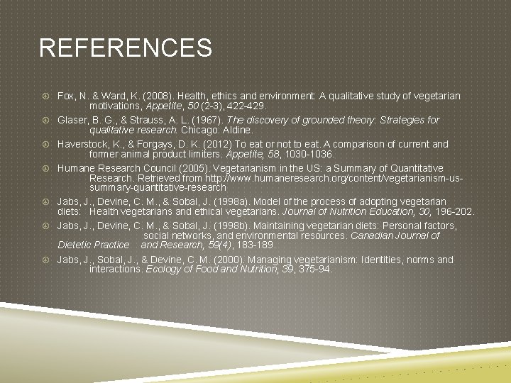 REFERENCES Fox, N. & Ward, K. (2008). Health, ethics and environment: A qualitative study