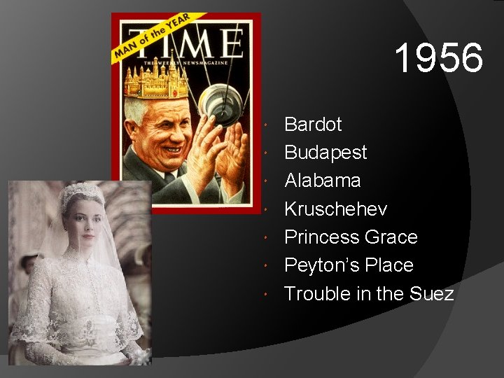 1956 Bardot Budapest Alabama Kruschehev Princess Grace Peyton’s Place Trouble in the Suez 