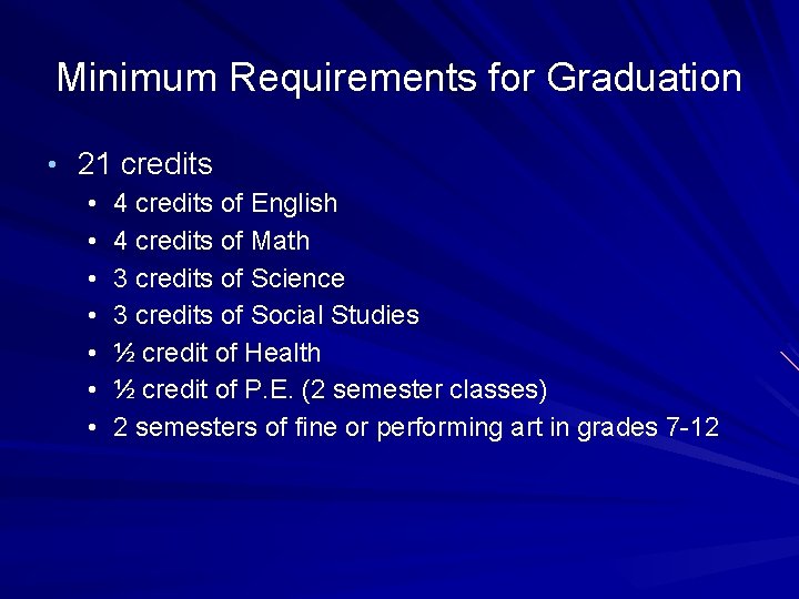 Minimum Requirements for Graduation • 21 credits • 4 credits of English • 4