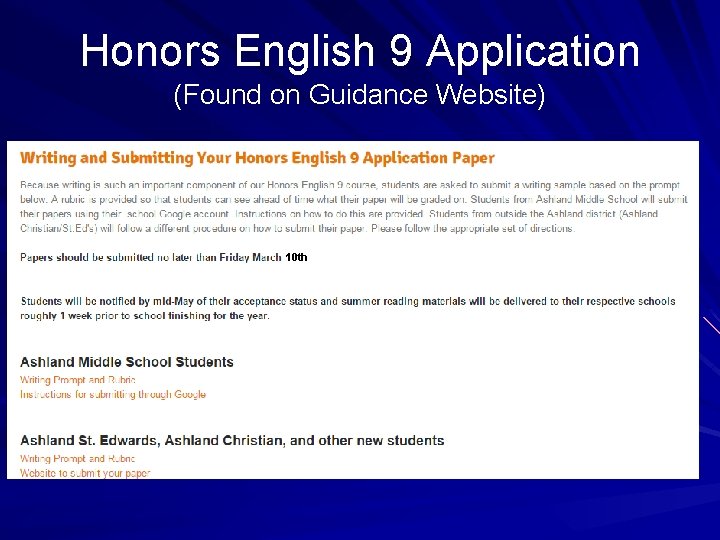 Honors English 9 Application (Found on Guidance Website) 10 th 