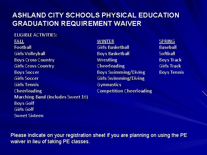 ASHLAND CITY SCHOOLS PHYSICAL EDUCATION GRADUATION REQUIREMENT WAIVER ELIGIBLE ACTIVITIES: FALL Football Girls Volleyball