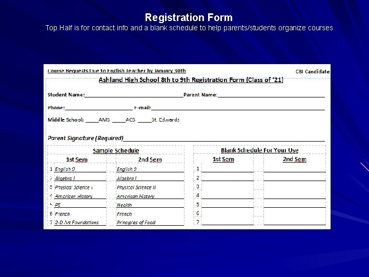 Registration Form Top Half is for contact info and a blank schedule to help