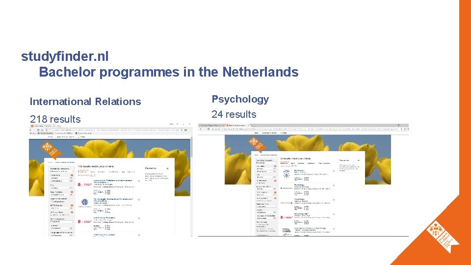 studyfinder. nl Bachelor programmes in the Netherlands International Relations 218 results Psychology 24 results