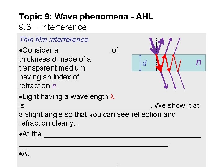 Topic 9: Wave phenomena - AHL 9. 3 – Interference Thin film interference Consider Topic 9: Wave phenomena - AHL 9. 3 – Interference Thin film interference Consider