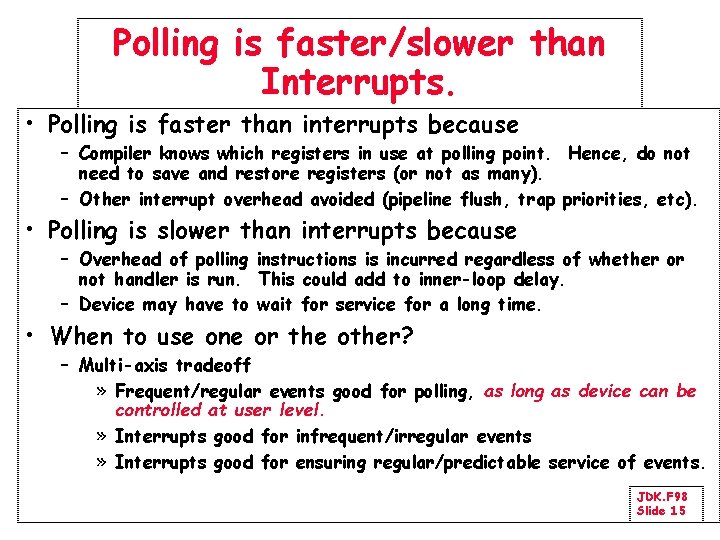 Polling is faster/slower than Interrupts. • Polling is faster than interrupts because – Compiler