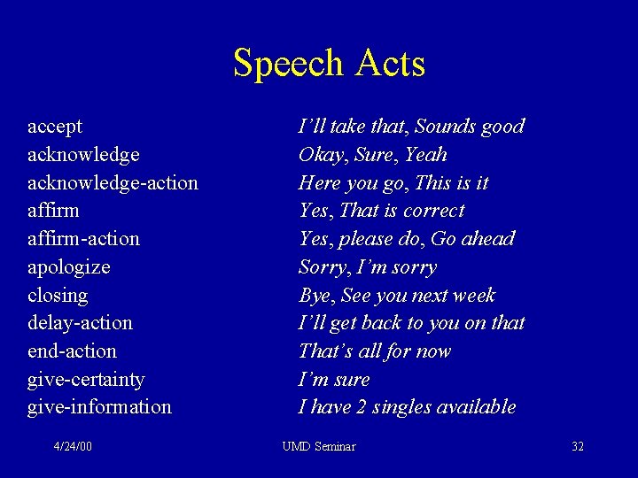 Speech Acts accept acknowledge-action affirm-action apologize closing delay-action end-action give-certainty give-information 4/24/00 I’ll take