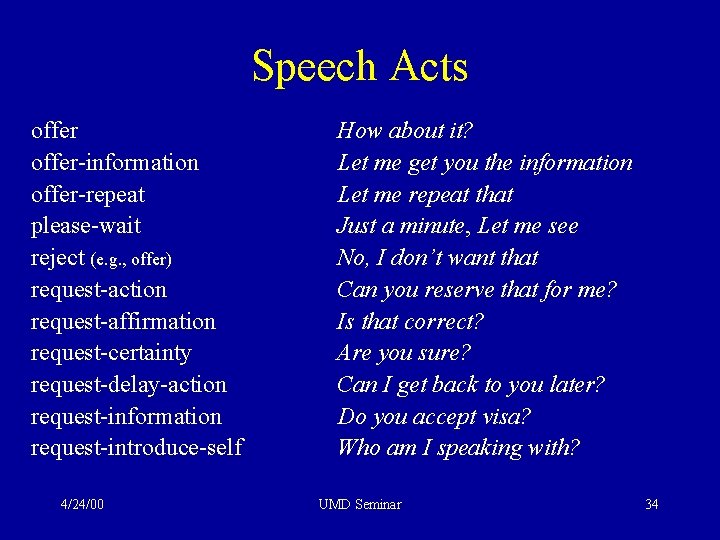 Speech Acts offer-information offer-repeat please-wait reject (e. g. , offer) request-action request-affirmation request-certainty request-delay-action