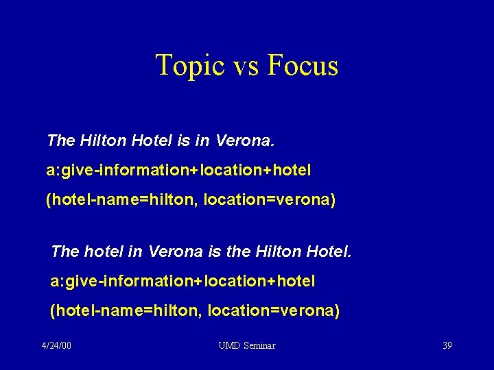 Topic vs Focus The Hilton Hotel is in Verona. a: give-information+location+hotel (hotel-name=hilton, location=verona) The