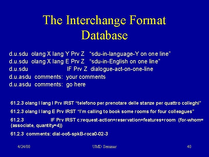 The Interchange Format Database d. u. sdu olang X lang Y Prv Z “sdu-in-language-Y