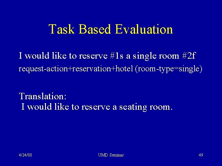 Task Based Evaluation I would like to reserve #1 s a single room #2