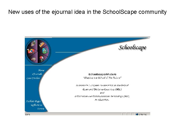 New uses of the ejournal idea in the School. Scape community 