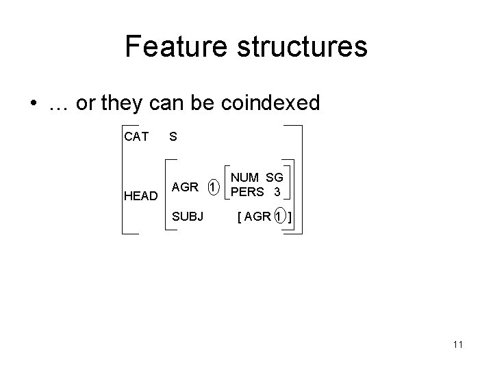Feature structures • … or they can be coindexed CAT HEAD S AGR 1