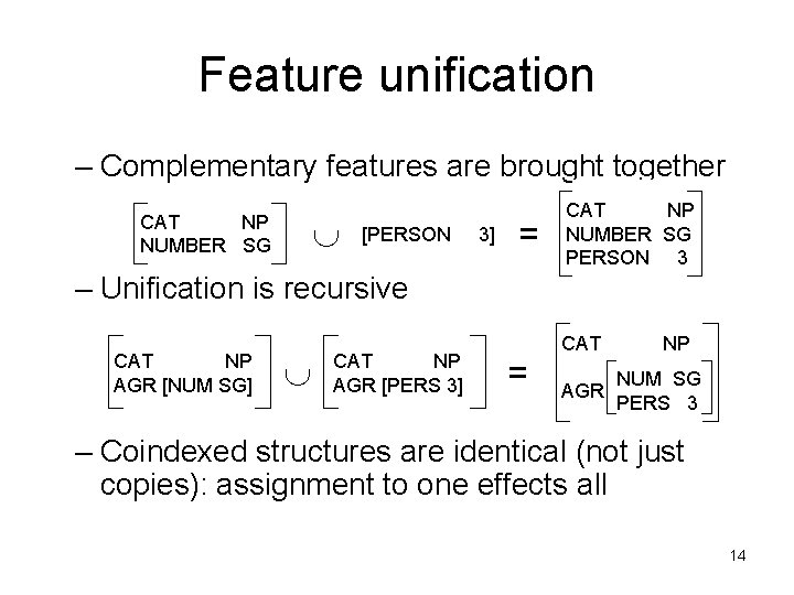 Feature unification – Complementary features are brought together CAT NP NUMBER SG [PERSON 3]