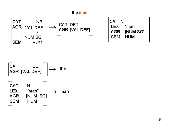 the man CAT NP AGR VAL _1 DEF NUM SG _2 SEM [_3] HUM