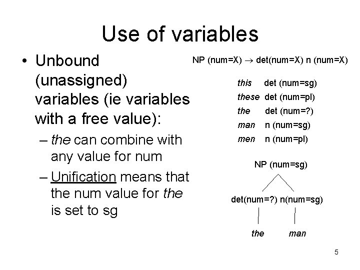 Use of variables NP (num=X) det(num=X) n (num=X) • Unbound (unassigned) this det (num=sg)