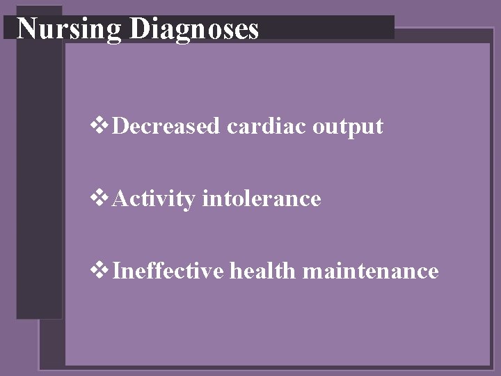 Nursing Diagnoses v. Decreased cardiac output v. Activity intolerance v. Ineffective health maintenance 