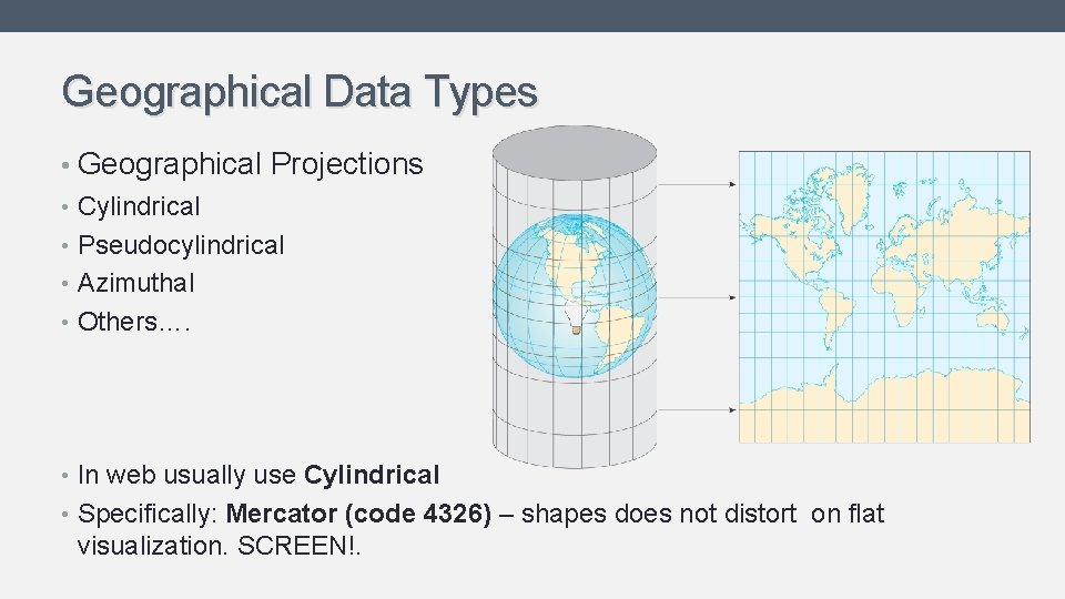 Geographical Data Types • Geographical Projections • Cylindrical • Pseudocylindrical • Azimuthal • Others….