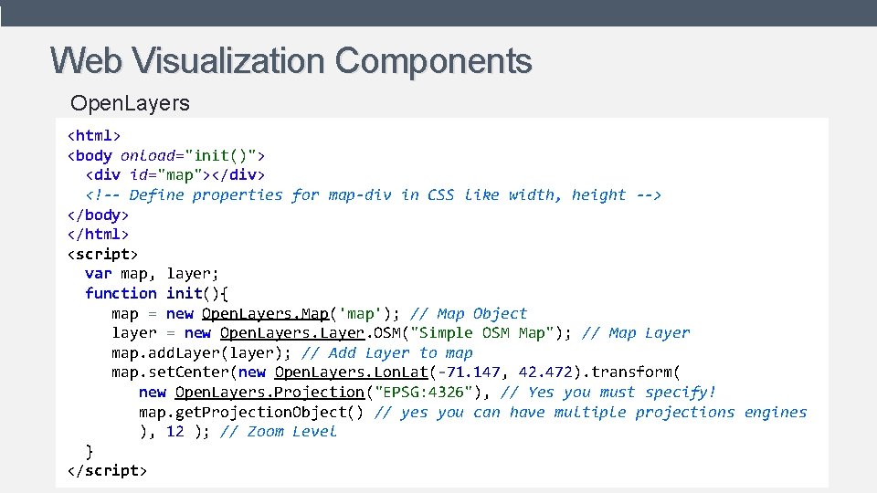 Web Visualization Components Open. Layers <html> <body onload="init()"> <div id="map"></div> <!-- Define properties for